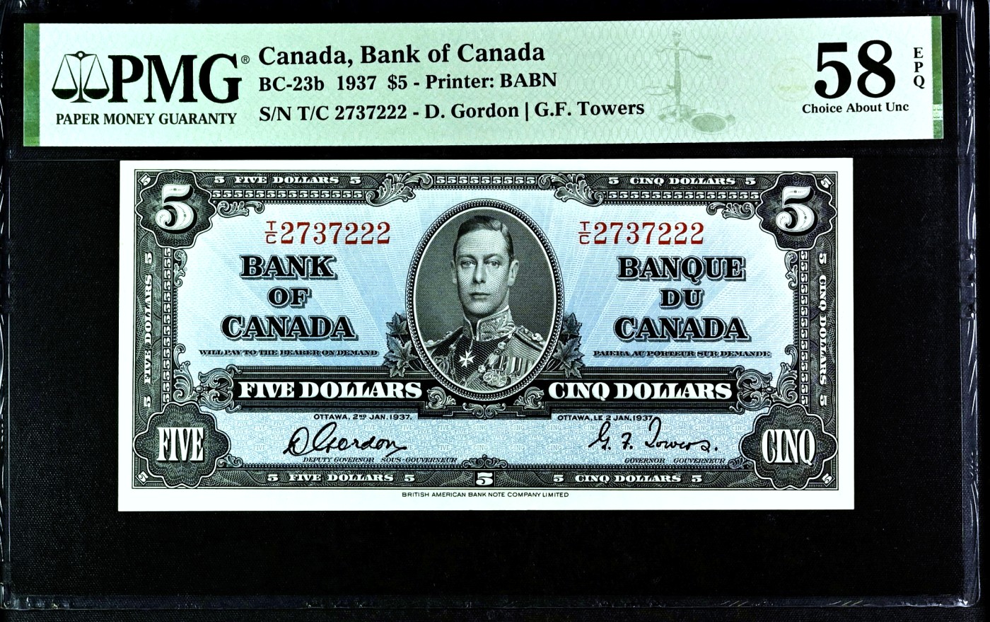 【Blue Auction】✨世界纸币精拍第432期——新年首拍 加拿大 1937年5元 乔治六世 PMG58EPQ 原票  雕刻精美