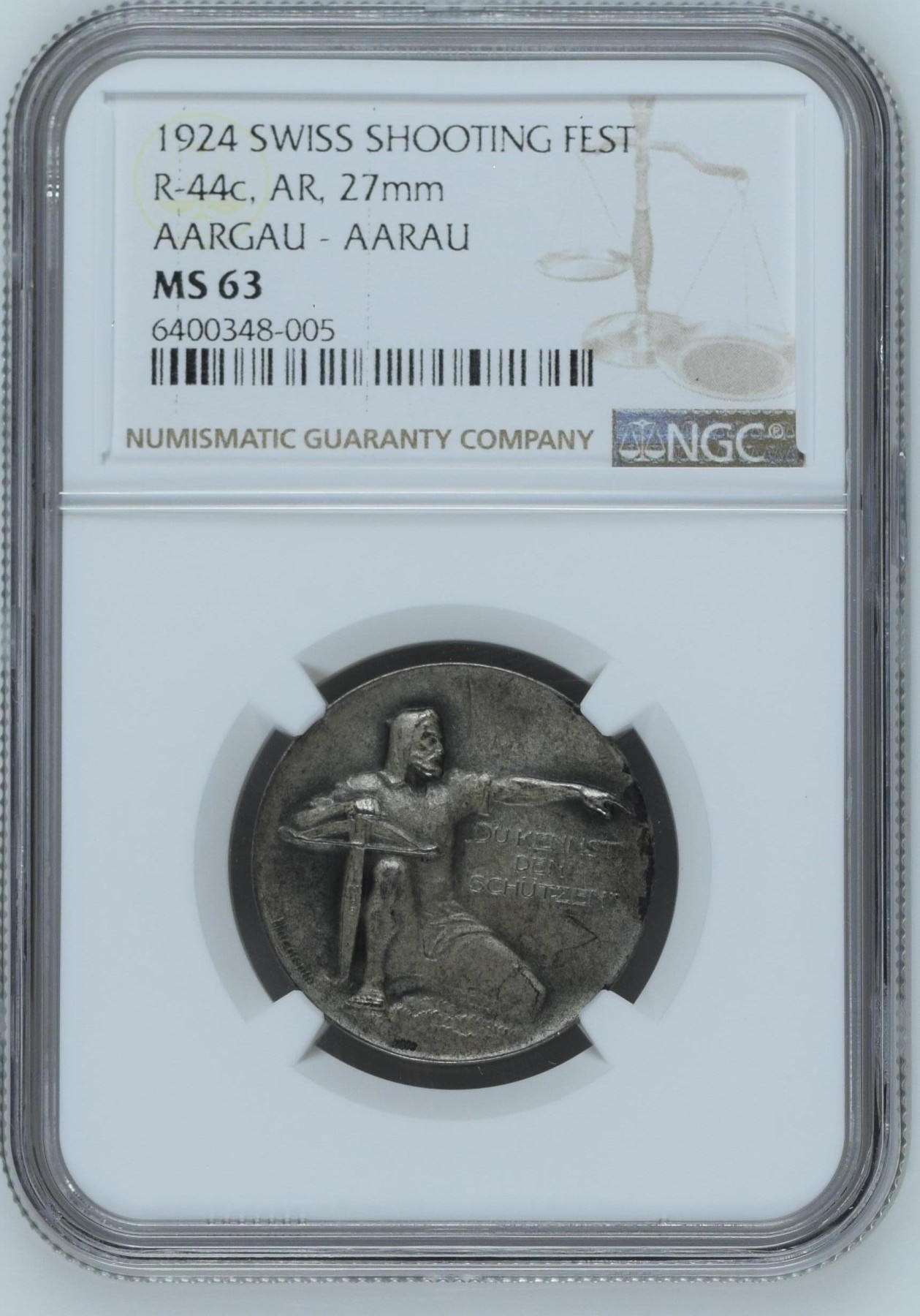 长老汇兔年精选第二场 1924 瑞士射击节银章，NGC MS63分，更高分仅有10枚