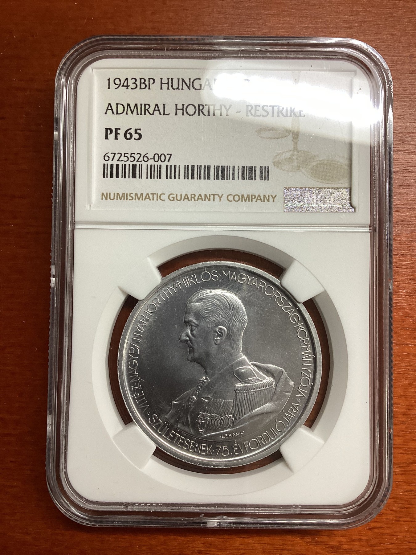 长老汇兔年精选第二场 1943BP 匈牙利海军上将霍尔蒂5潘果精致铝币，NGC PF65，更高分仅有14枚，后铸