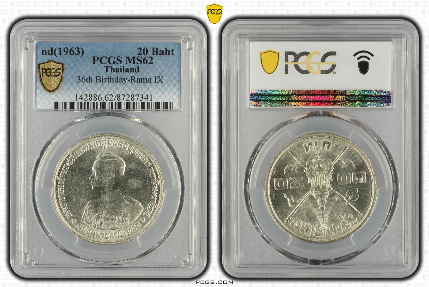 长老汇兔年精选第二场 nd(1963) 泰国拉玛九世36诞辰20株纪念银币，PCGS MS62分