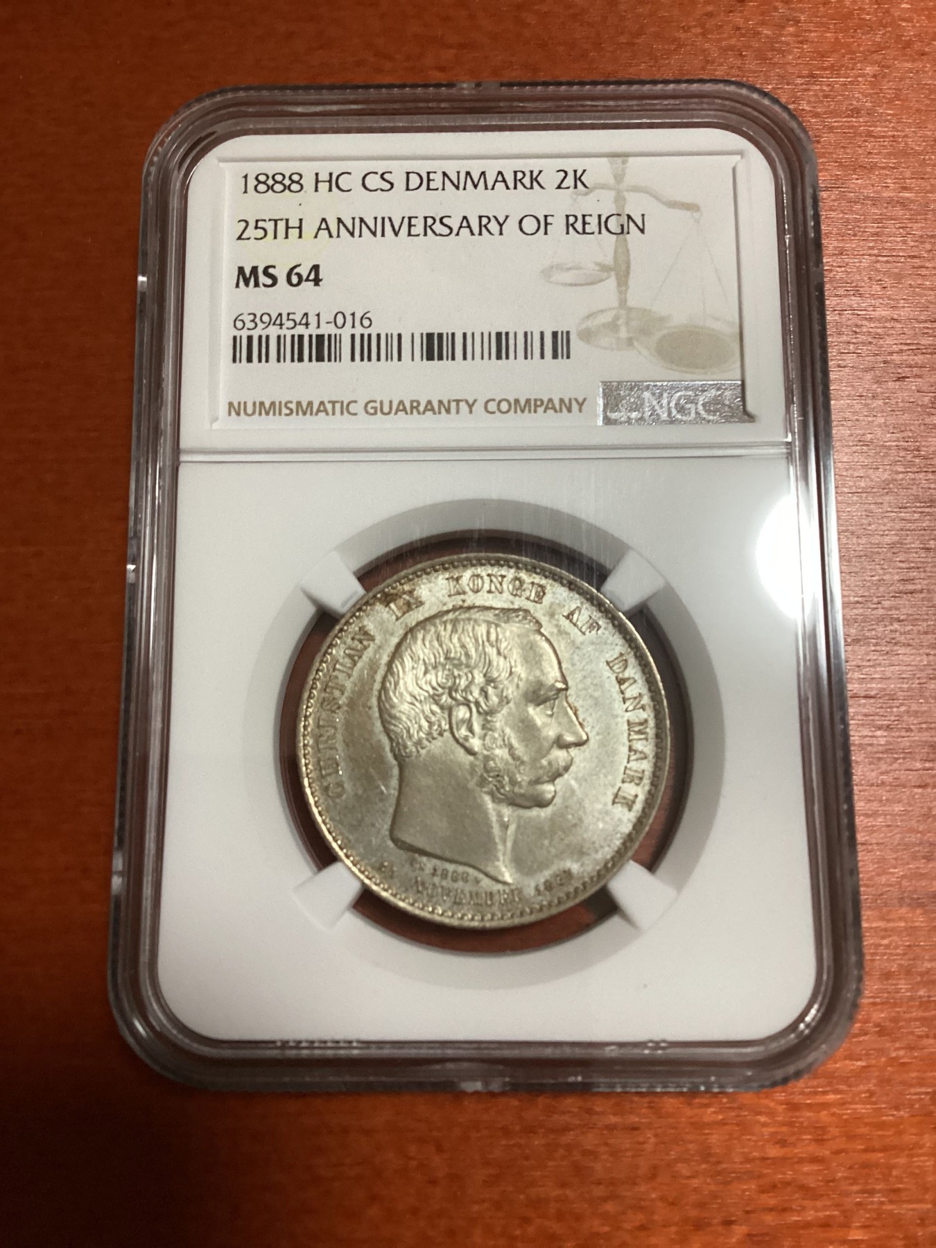 长老汇兔年精选第二场 1888 HC CS 丹麦克里斯蒂安九世执政25周年2克朗纪念银币，NGC MS64分，吉祥年份，官网63分175美金