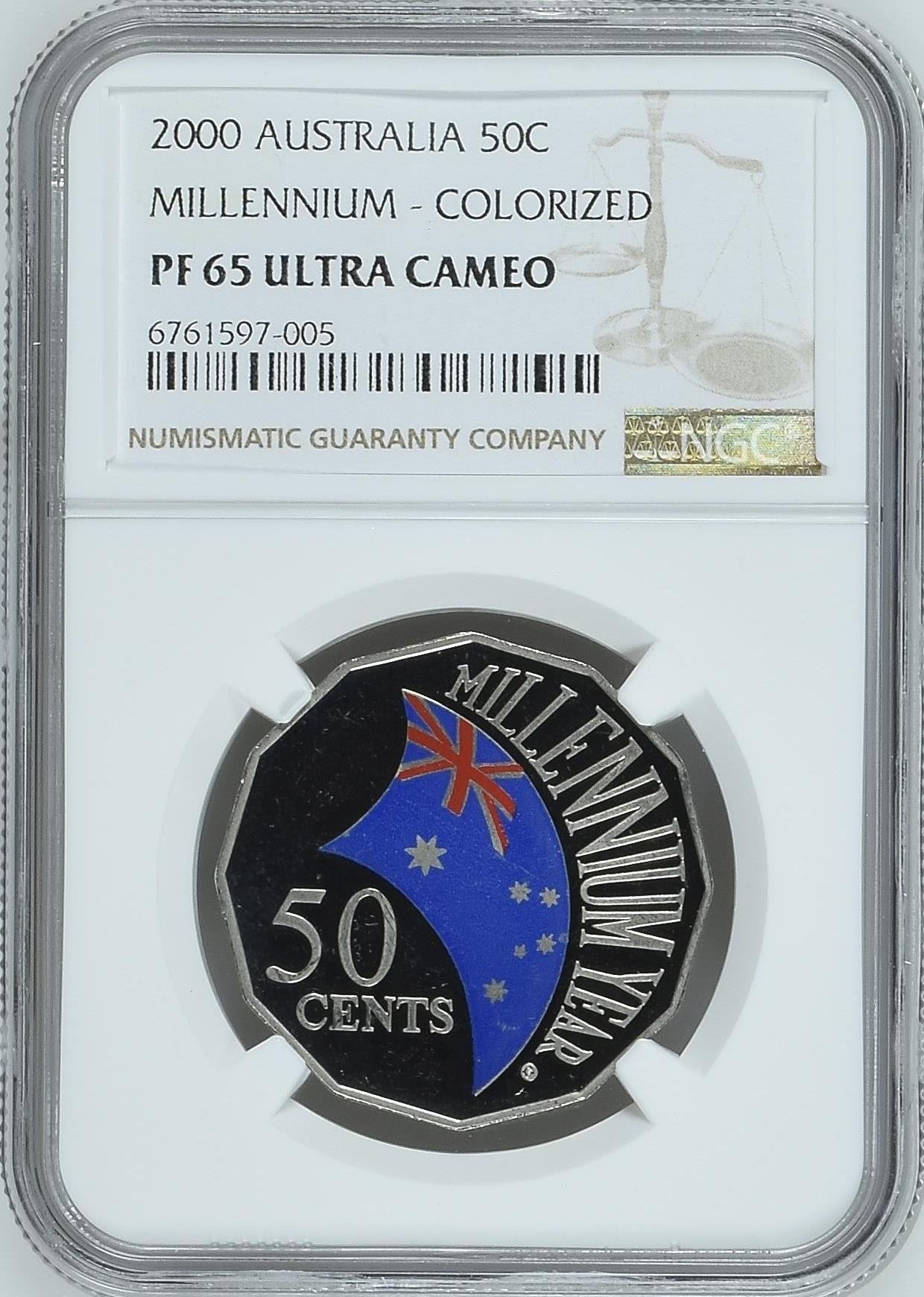 长老汇兔年精选第二场 2000 澳大利亚千禧年纪念50分彩色精制镍币，NGC PF65UC，季军分，更高分仅有两枚