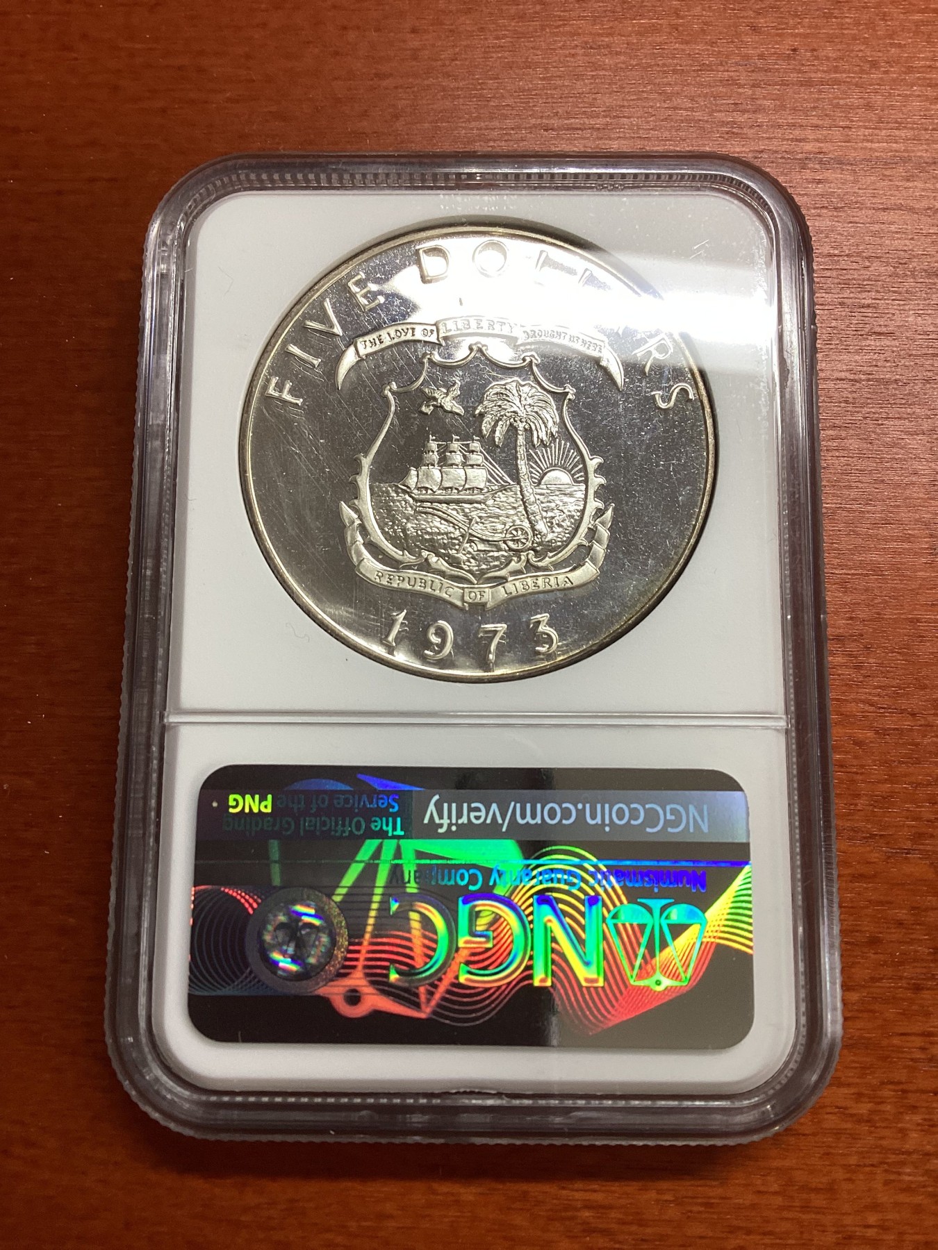 长老汇兔年精选第二场 1973 利比里亚非洲五霸大象5元精制银币，NGC PF66UC