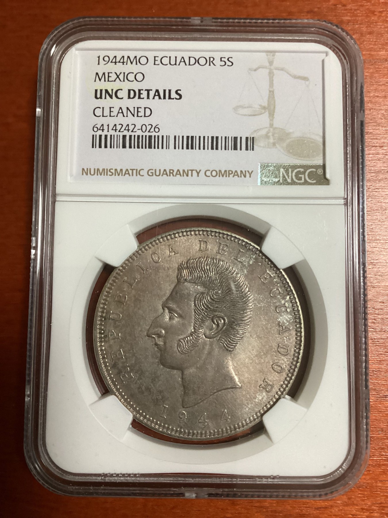 长老汇兔年精选第二场 1944MO 厄瓜多尔5苏克雷大银币，NGC UNC， 错杀