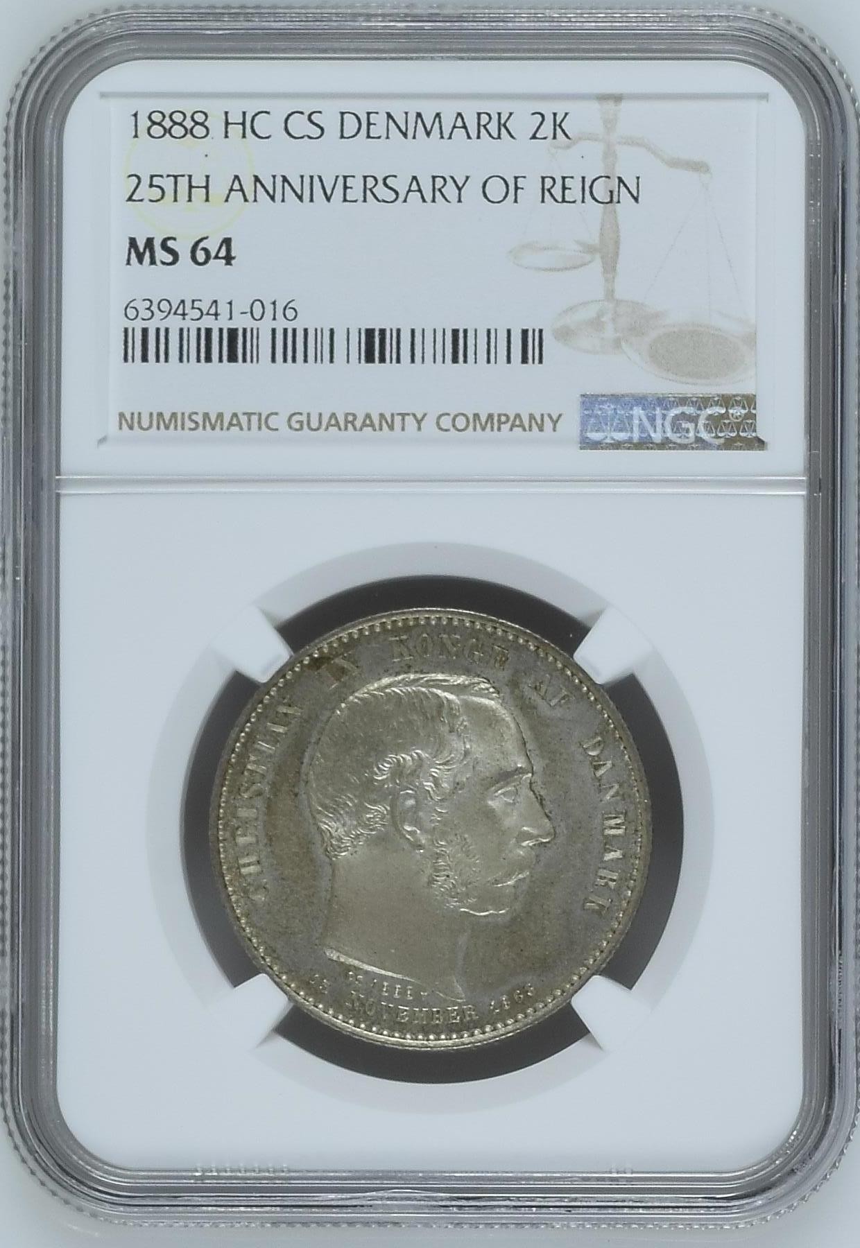 长老汇兔年精选第二场 1888 HC CS 丹麦克里斯蒂安九世执政25周年2克朗纪念银币，NGC MS64分，吉祥年份，官网63分175美金