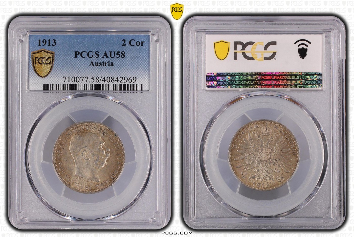 长老汇兔年精选第二场 1913 奥地利约瑟夫二世2科罗纳银币，PCGS AU58分
