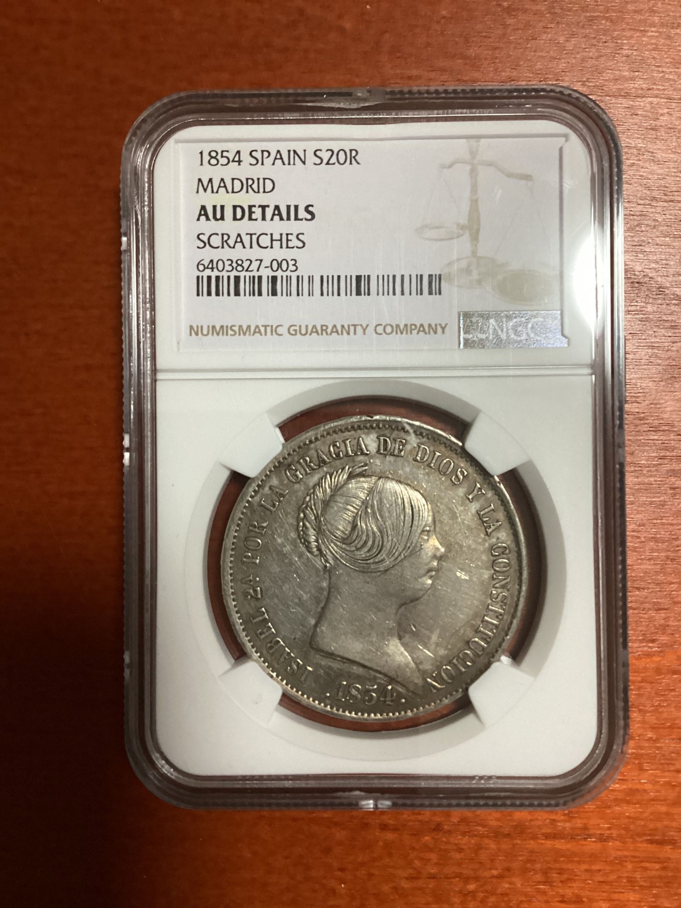 长老汇兔年精选第二场 1854 西班牙伊莎贝拉二世20里亚尔大银币，NGC AUD，马德里造币厂出品