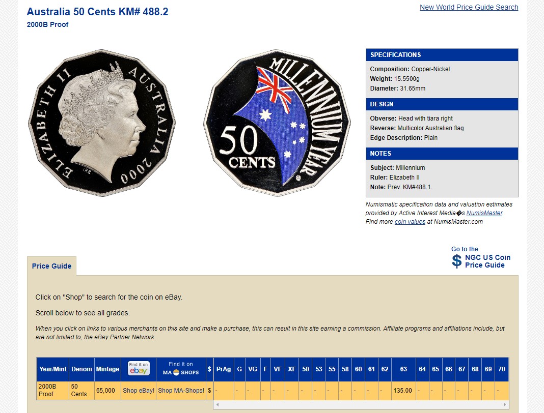 长老汇兔年精选第二场 2000 澳大利亚千禧年纪念50分彩色精制镍币，NGC PF65UC，季军分，更高分仅有两枚