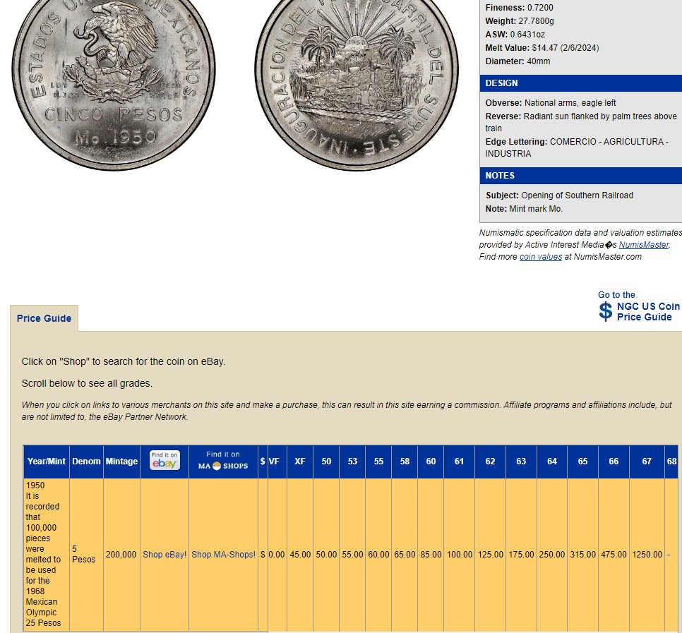 长老汇兔年精选第二场 1950Mo 墨西哥南方火车5比索银币，NGC MS64分，官网64分标价250美金，10万枚熔毁铸造1968墨西哥城奥运会纪念币，上涨品种