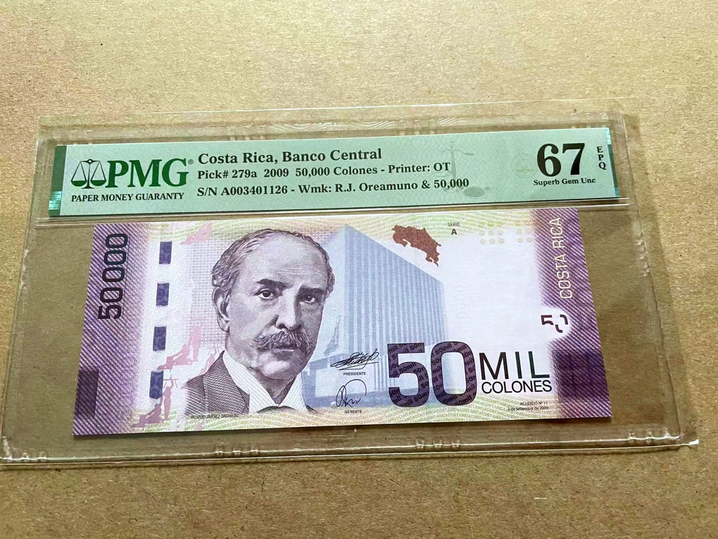 【Blue Auction】✨世界纸币精拍第432期——新年首拍 哥斯达黎加 2009年50000克朗 经典紫蝶 PMG67EPQ 高分 