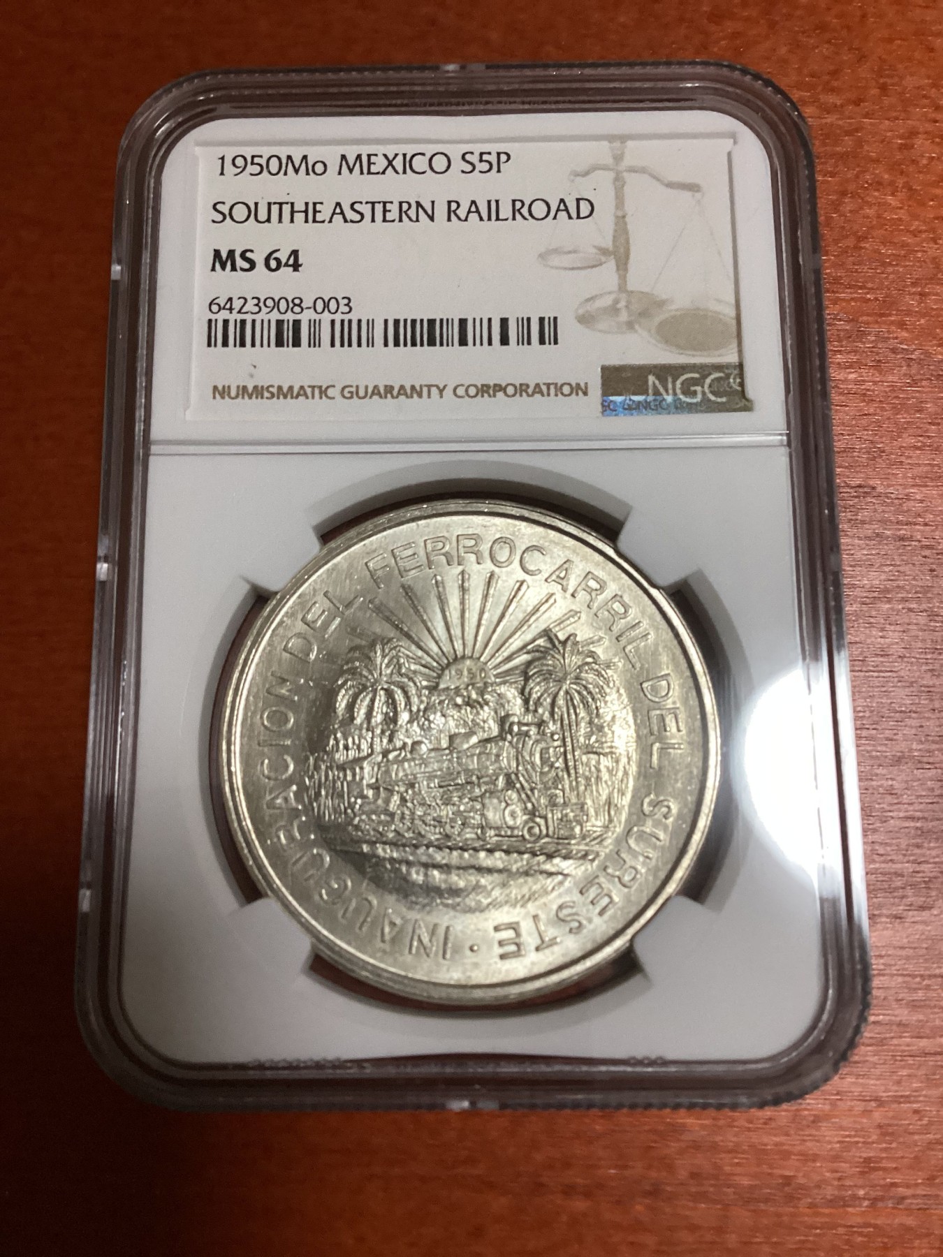 长老汇兔年精选第二场 1950Mo 墨西哥南方火车5比索银币，NGC MS64分，官网64分标价250美金，10万枚熔毁铸造1968墨西哥城奥运会纪念币，上涨品种