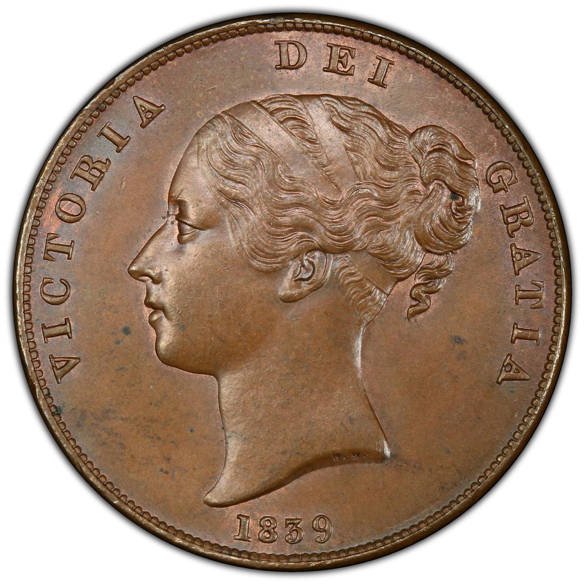 长老汇兔年精选第二场 1839 马恩岛维多利亚首年1便士大铜币，PCGS MS64BN，冠军分，马恩岛三条腿徽章非常抓眼球