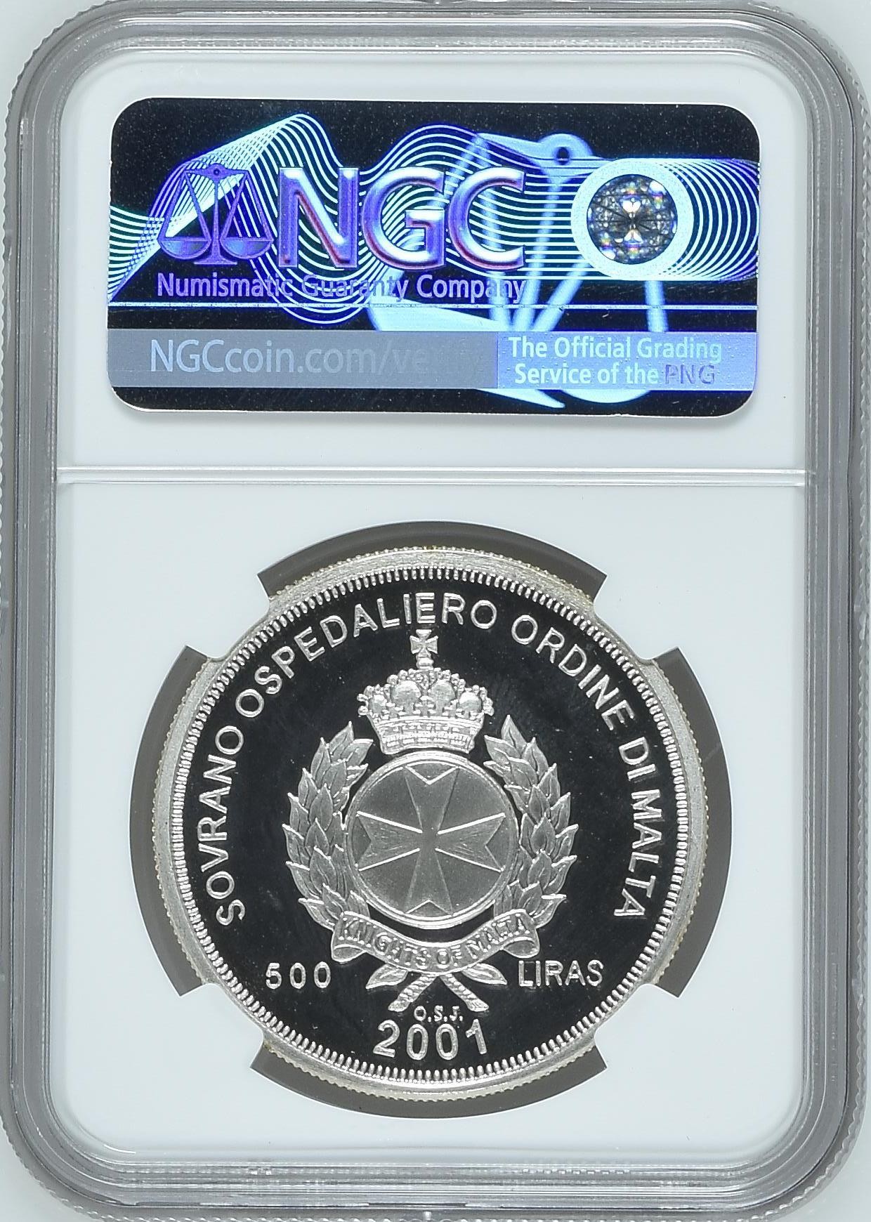 长老汇兔年精选第二场 珍稀币，2001 马耳他海神波塞冬500里拉精制银币，NGC PF68UC，唯一亚军分，更高分仅有一枚