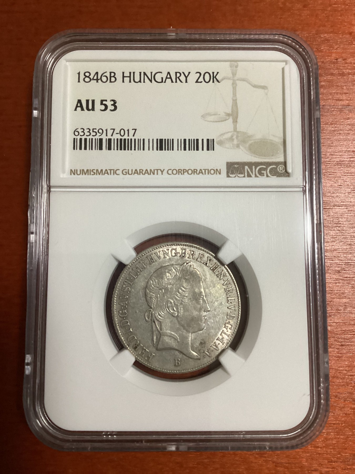 长老汇兔年精选第二场 1846B 匈牙利费迪南五世20K银币，NGC AU53分， 亚军分，更高分仅有一枚