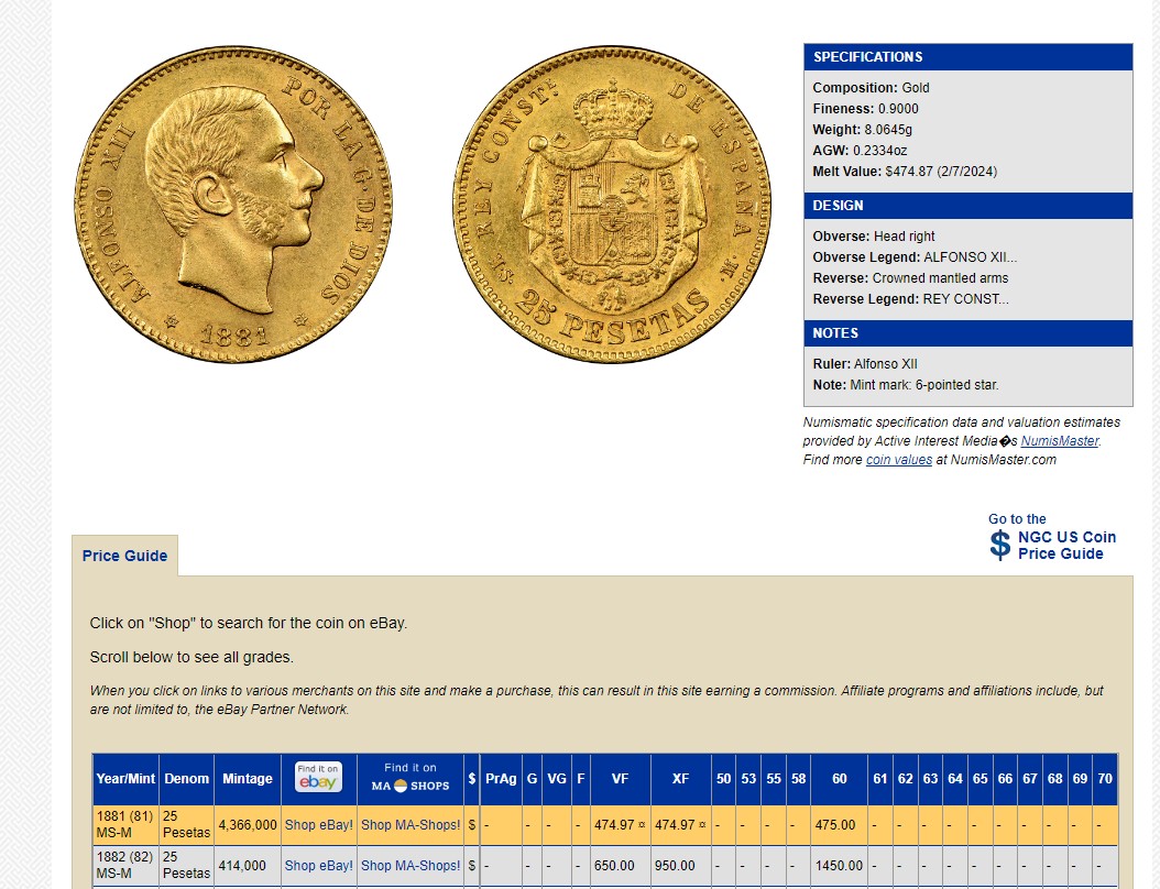 长老汇兔年精选第二场 1881(81) MSM 西班牙阿方索十二世25比塞塔金币，NGC MS62分，有胡子版