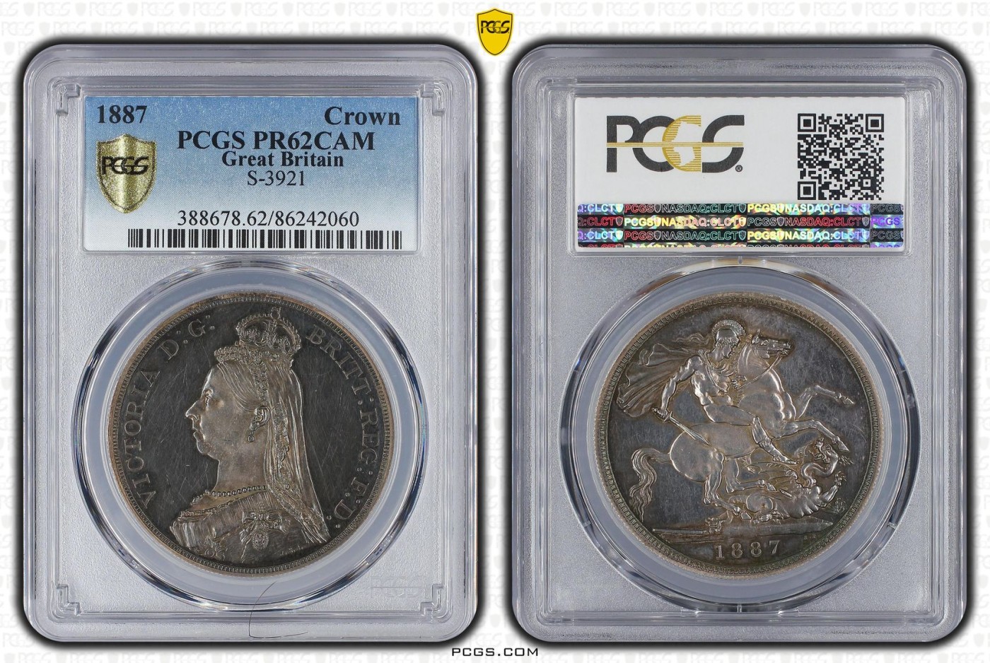 长老汇兔年精选第二场 1887 Crown S-3921, CAM英国维多利亚马剑1克朗精制银币，PCGS PR62CAM，非常难得，蓝汪汪底板，仅有1000枚左右，可遇不可求。本场推荐！！！