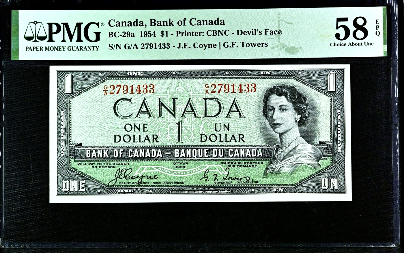 【Blue Auction】✨世界纸币精拍第432期——新年首拍 【魔鬼脸】加拿大 1954年1元 PMG58EPQ 原票 女王 背面风景