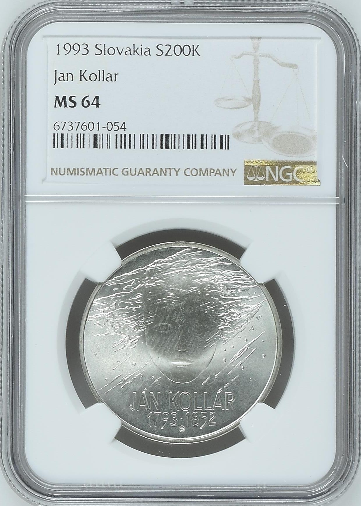 长老汇兔年精选第二场 1993 斯洛伐克 扬·柯勒诞辰百年200克朗银币，NGC MS64分，唯一亚军分，更高分仅有一枚，1万多枚2002销毁，少见