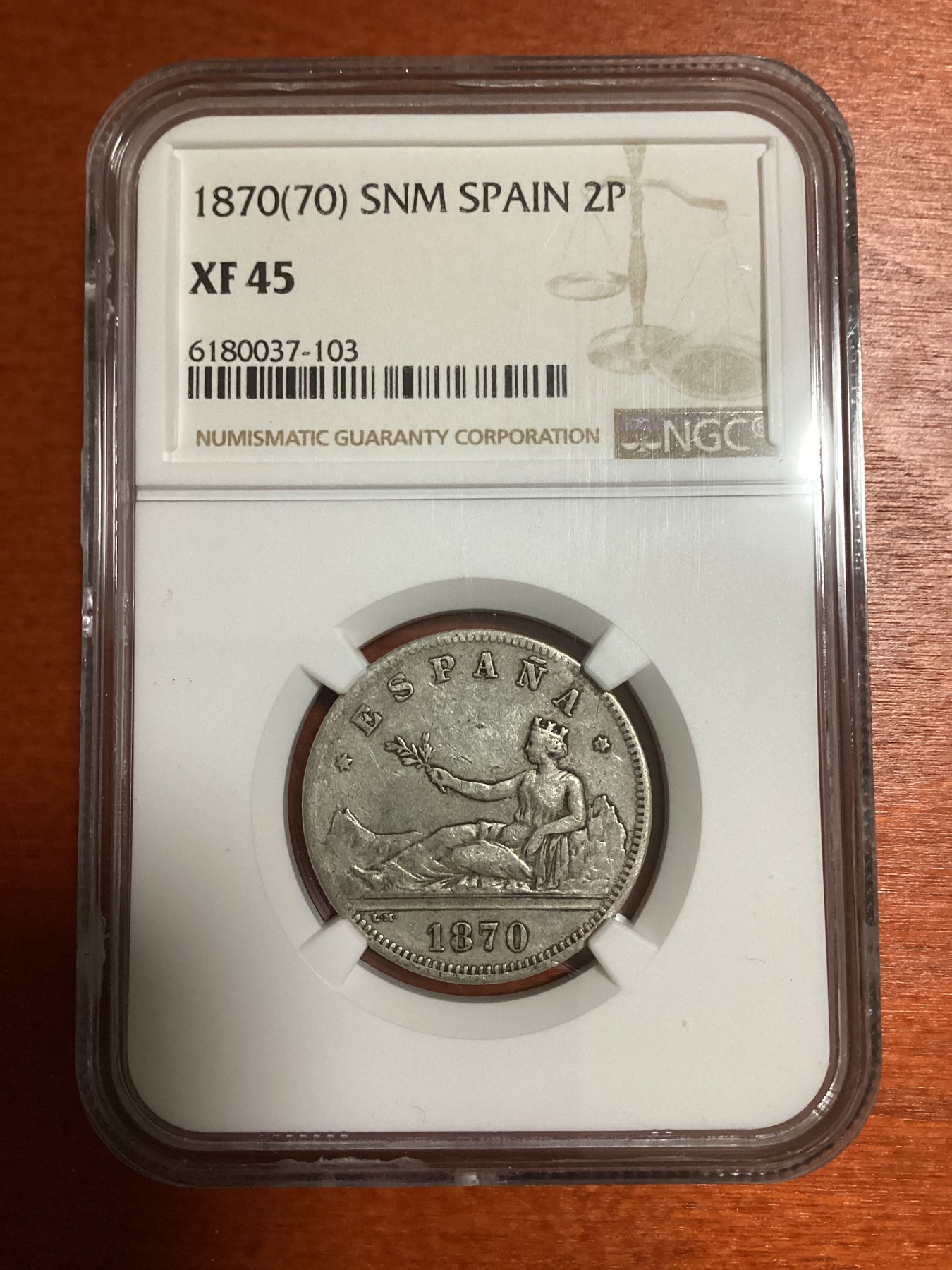 长老汇兔年精选第二场 1870(70) SNM 西班牙拿花2比塞塔银币，NGC XF45分，第四名，更高分仅有三枚