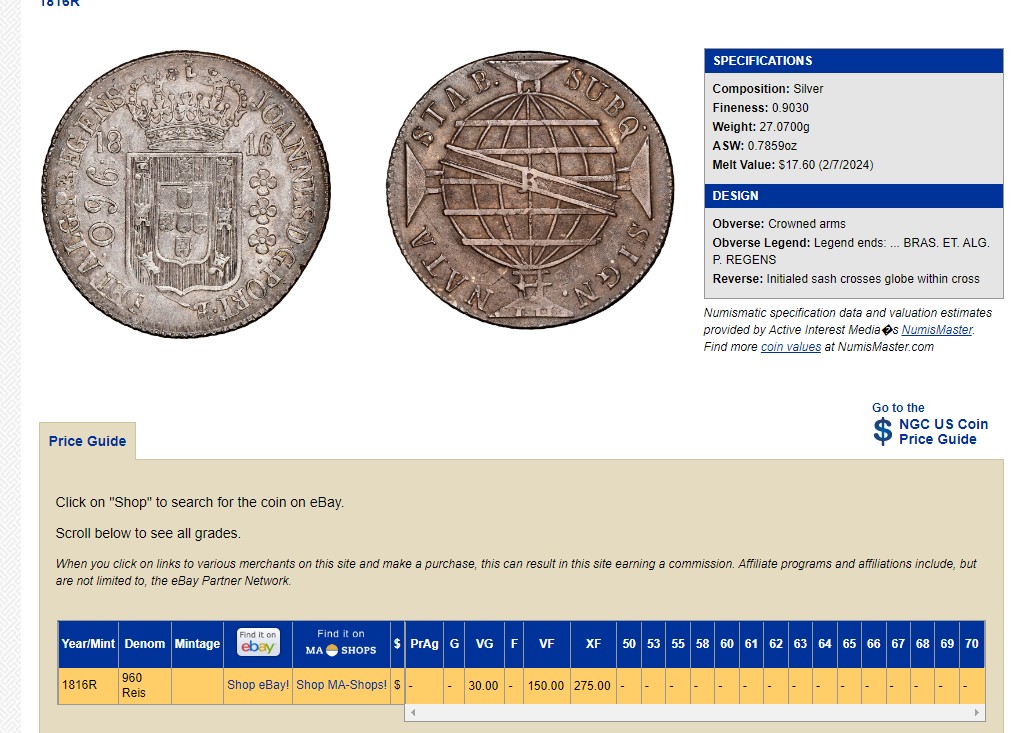 长老汇兔年精选第二场 1816R 巴西早期960R大银币，NGC XF45分，西班牙双柱基础上打制而成，别有韵味