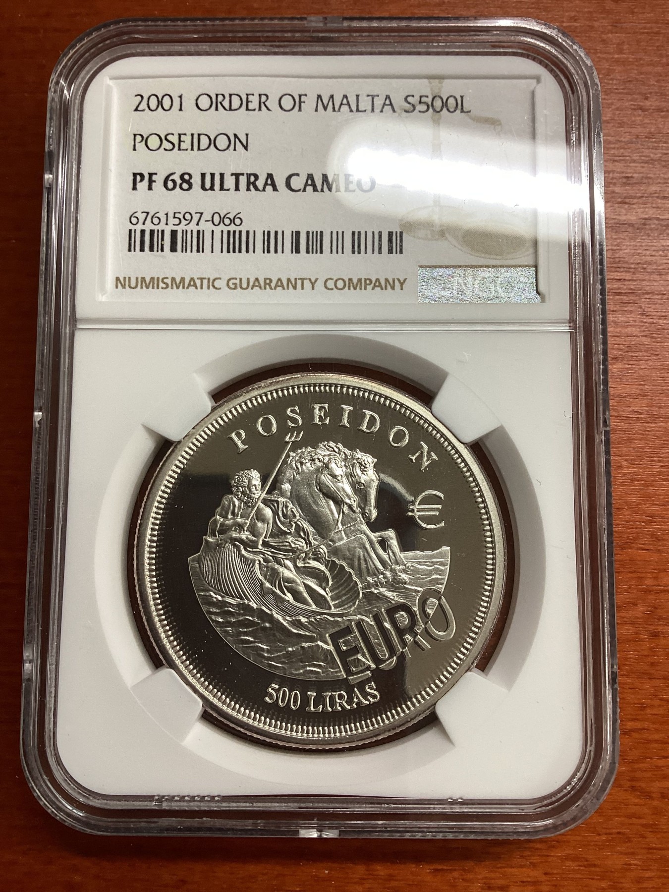 长老汇兔年精选第二场 珍稀币，2001 马耳他海神波塞冬500里拉精制银币，NGC PF68UC，唯一亚军分，更高分仅有一枚