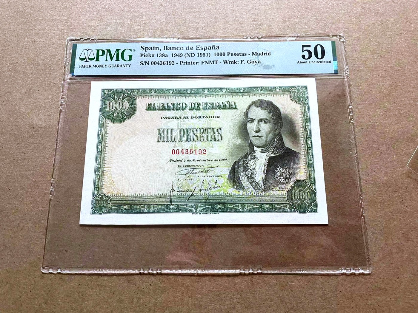 【Blue Auction】✨世界纸币精拍第432期——新年首拍 西班牙 1949年1000比塞塔 戈雅名画《饮酒者》 精美 PMG50 