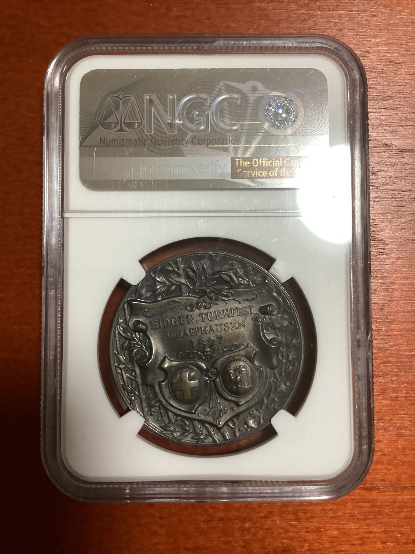 长老汇兔年精选第二场 1897-DATED 瑞士沙夫豪森体育节银章，NGC MS65分，唯一记录，双面深邃明快