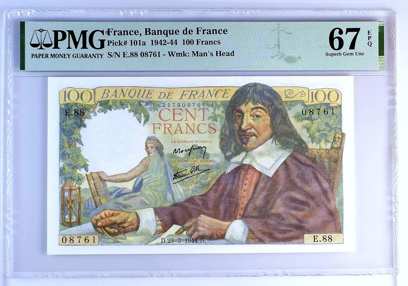 【Blue Auction】✨世界纸币精拍第432期——新年首拍 【亚军分】法国 1941-44年100法郎 笛卡尔 精美 PMG67EPQ 高分 