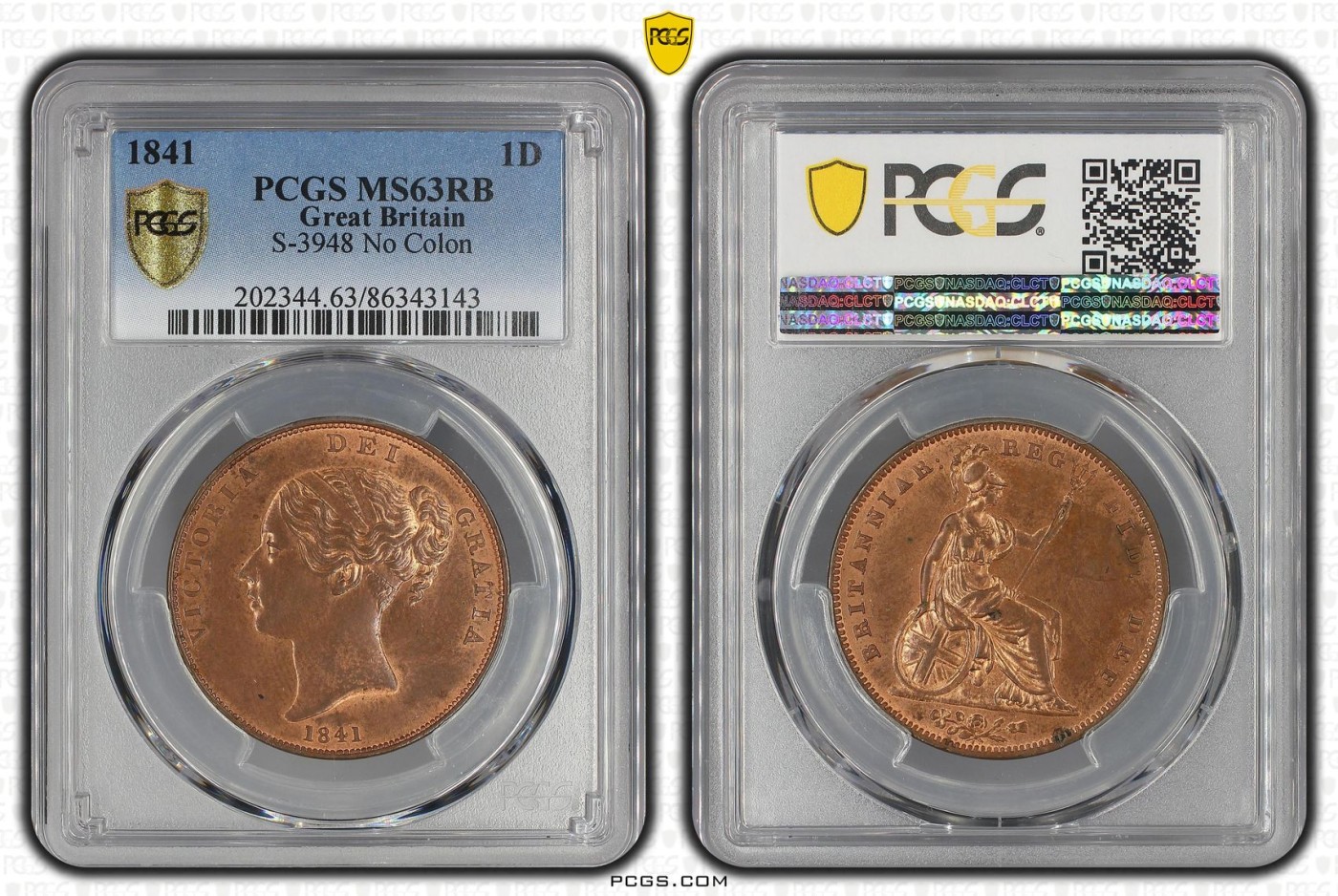 长老汇兔年精选第二场 1841 1D S-3948 No Colon英国维多利亚早期1便士，PCGS MS63RD，季军分，更高分仅有6枚，首年版，不带colon标志书价750美金