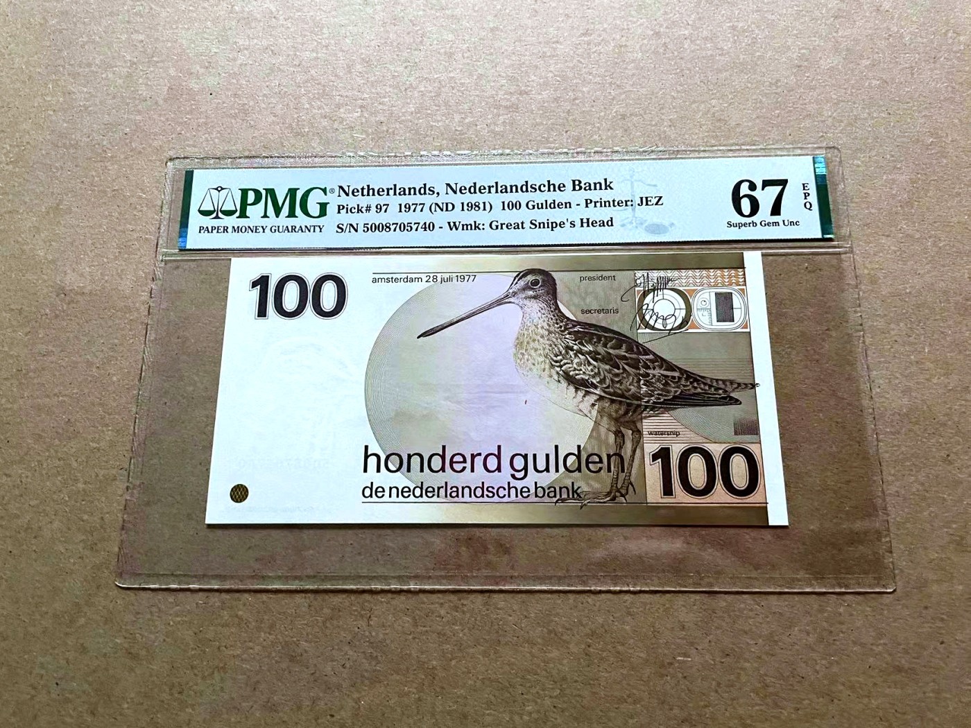 【Blue Auction】✨世界纸币精拍第432期——新年首拍 荷兰 1977年100盾 水鸟 PMG67EPQ 高分