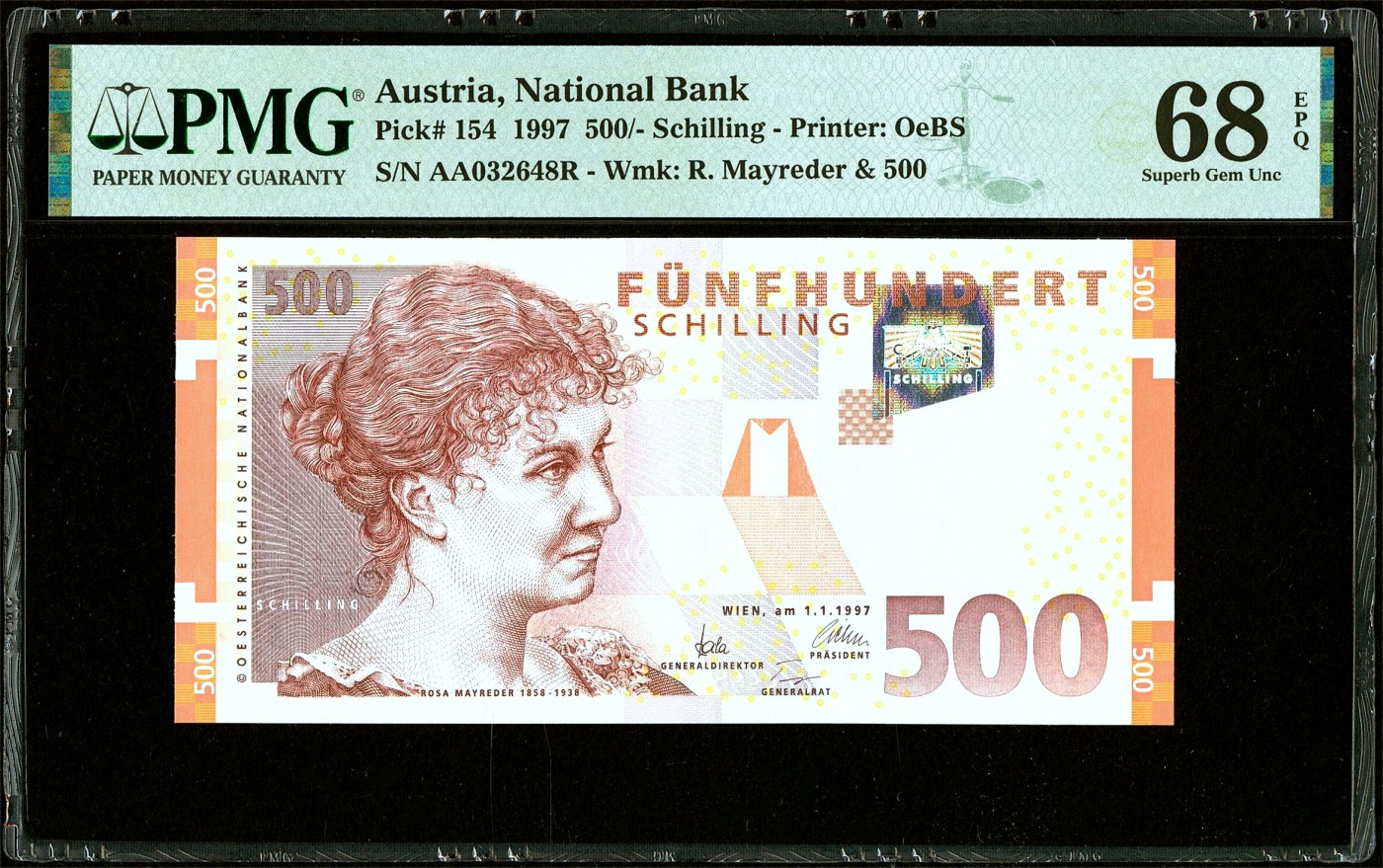 【Blue Auction】✨世界纸币精拍第432期——新年首拍 【AA冠 仅1张更高分】奥地利 末版 1997年500先令 PMG68EPQ 超高分 精美 