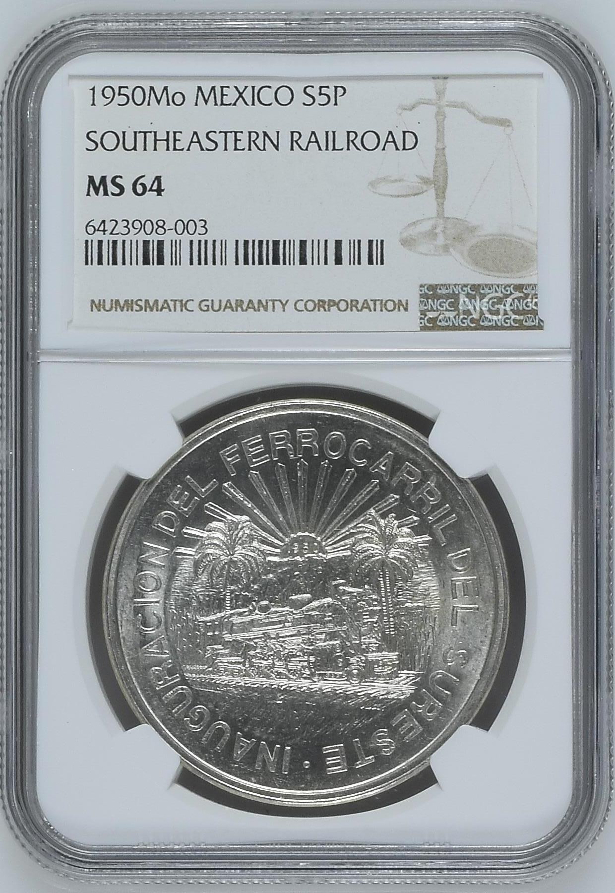 长老汇兔年精选第二场 1950Mo 墨西哥南方火车5比索银币，NGC MS64分，官网64分标价250美金，10万枚熔毁铸造1968墨西哥城奥运会纪念币，上涨品种