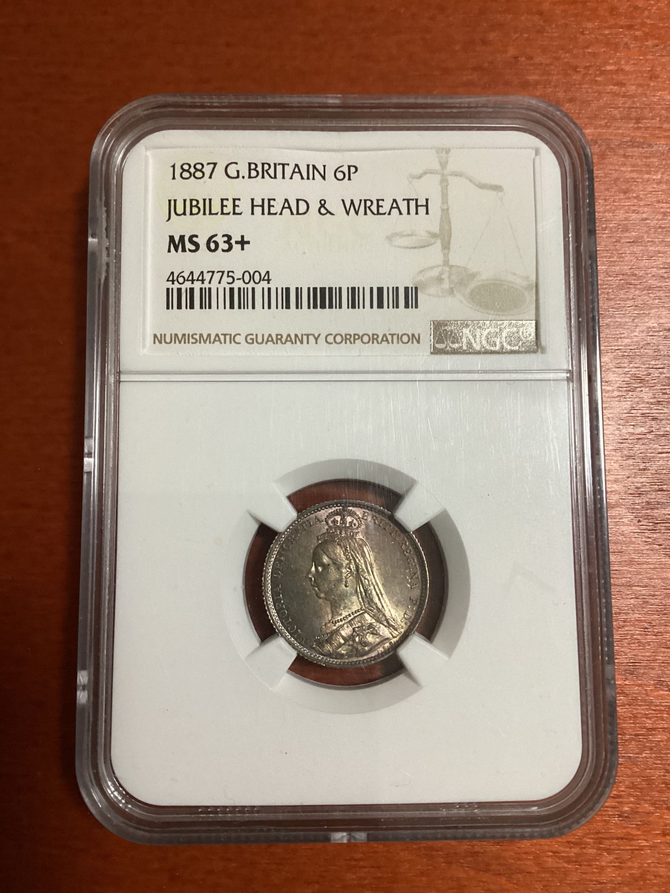 长老汇兔年精选第二场 1887 G.BRITAIN JUBILEE HEAD & WREATH英国维多利亚高冠6便士银币，NGC MS63+