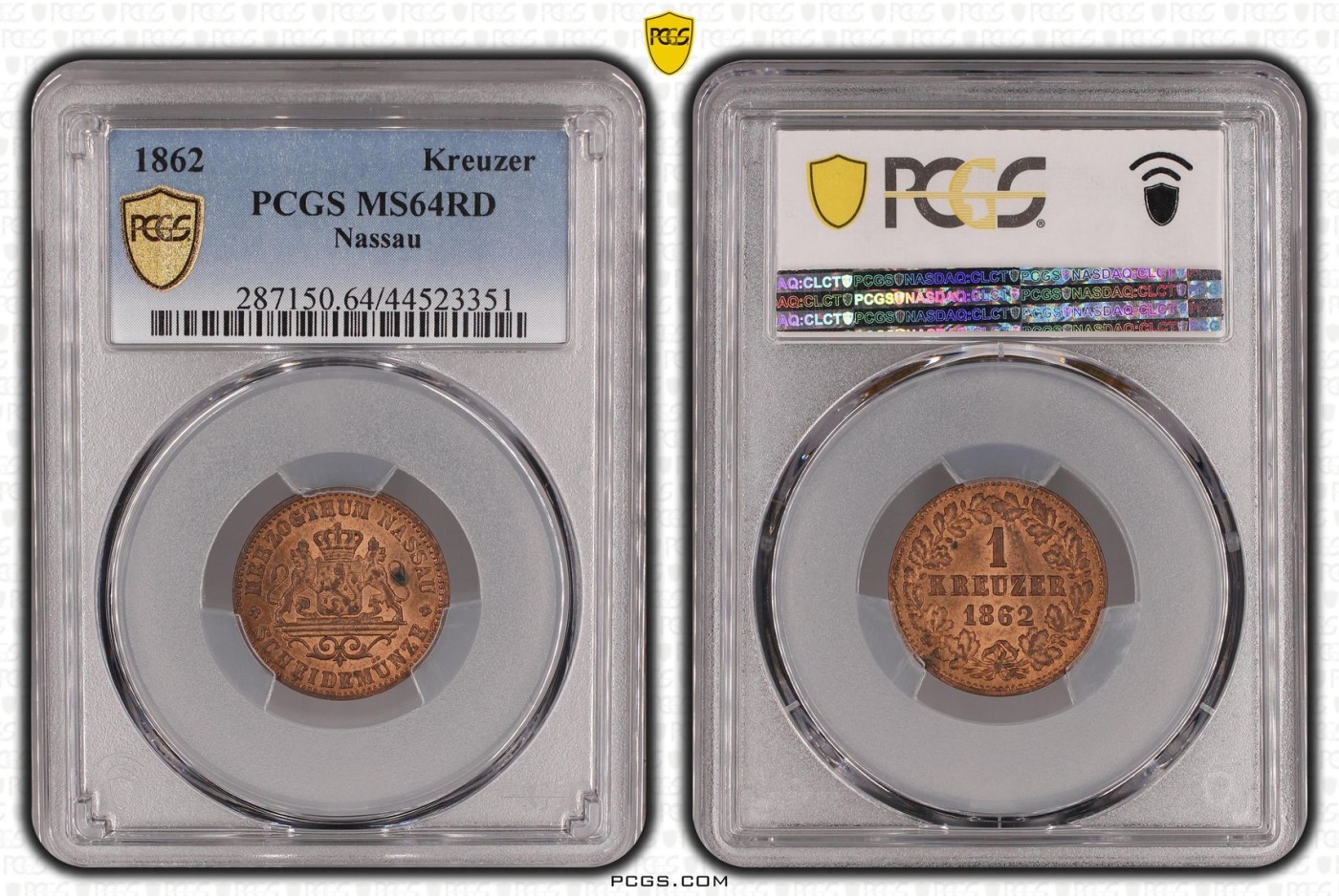 长老汇兔年精选第二场 1862 Kreuzer德国拿骚1克洛泽双师铜币，PCGS MS64RD，唯一冠军分，稀少且漂亮