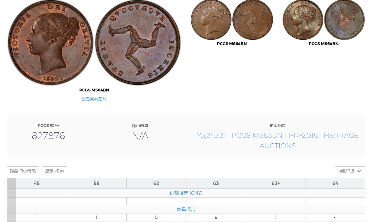 长老汇兔年精选第二场 1839 马恩岛维多利亚首年1便士大铜币，PCGS MS64BN，冠军分，马恩岛三条腿徽章非常抓眼球