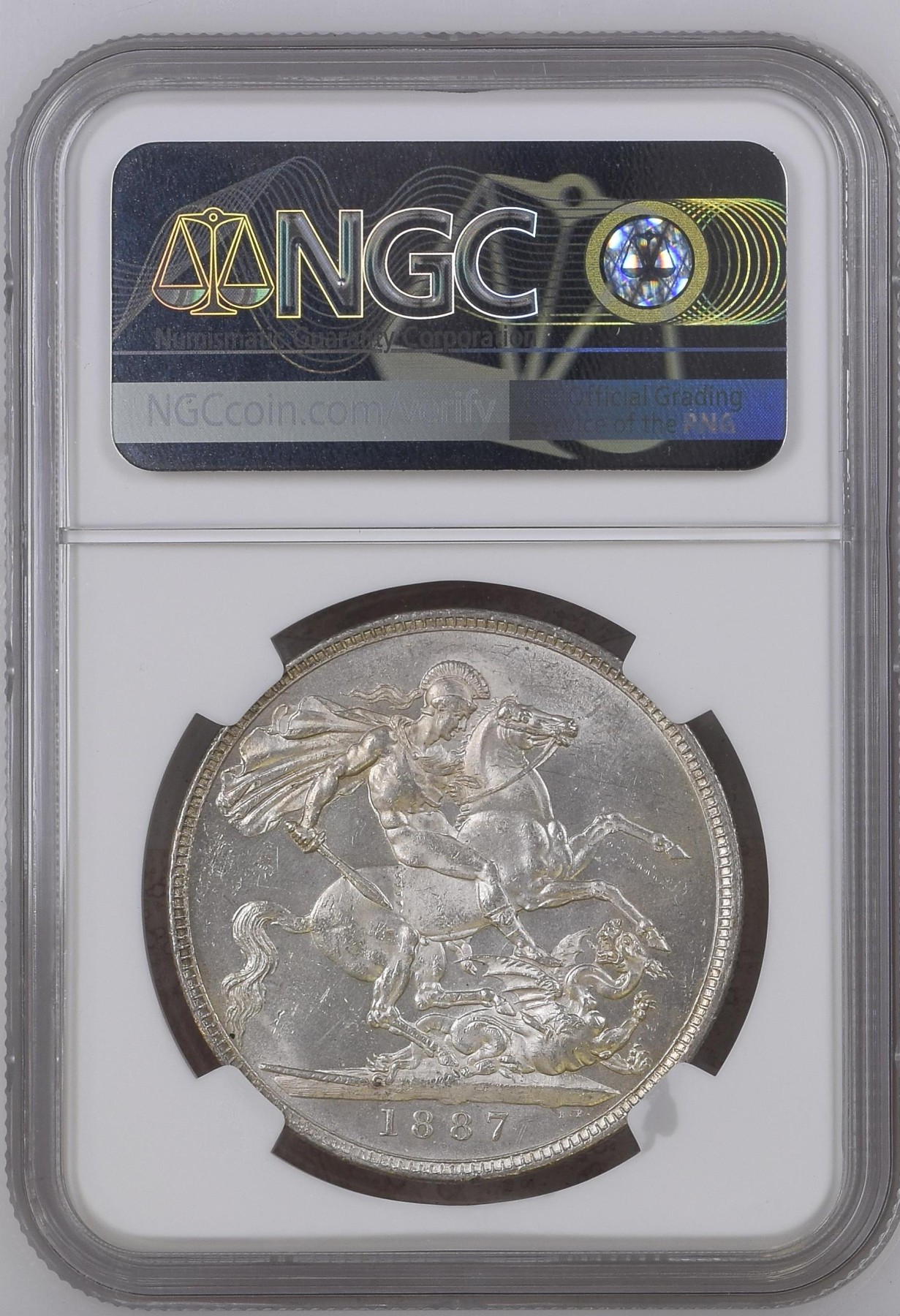 长老汇兔年精选第二场 1887 英国维多利亚高冠马剑1克朗大银币，NGC MS63分