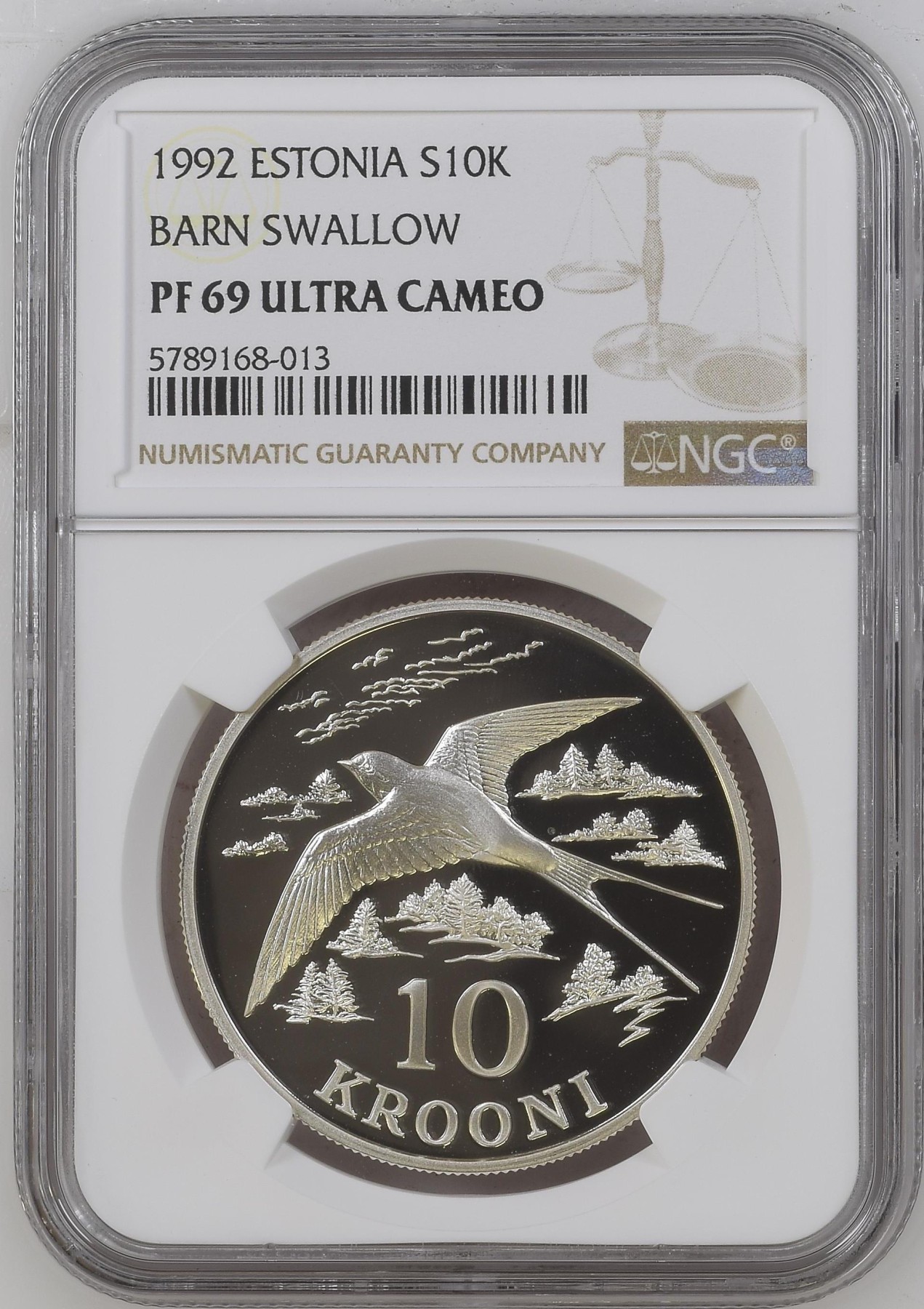 长老汇兔年精选第二场 1992 爱沙尼亚仓雨燕10克罗尼精制银币，NGC PF69UC，更高分仅有14枚，比较少见