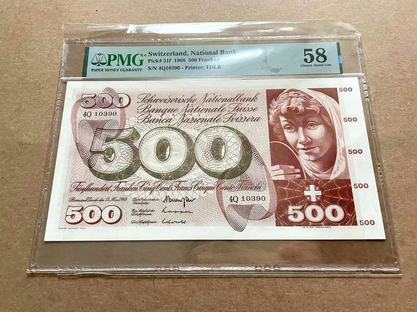 【Blue Auction】✨世界纸币精拍第432期——新年首拍 【极少见年份 唯一冠军分 无47】瑞士 1968年500法郎 PMG58 超大票幅 青春泉