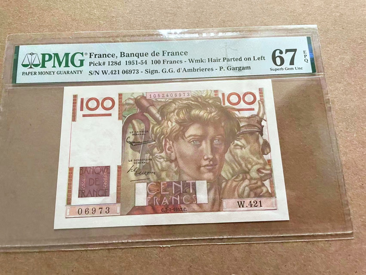 【Blue Auction】✨世界纸币精拍第432期——新年首拍 法国 1951-54年100法郎 PMG67EPQ 高分 