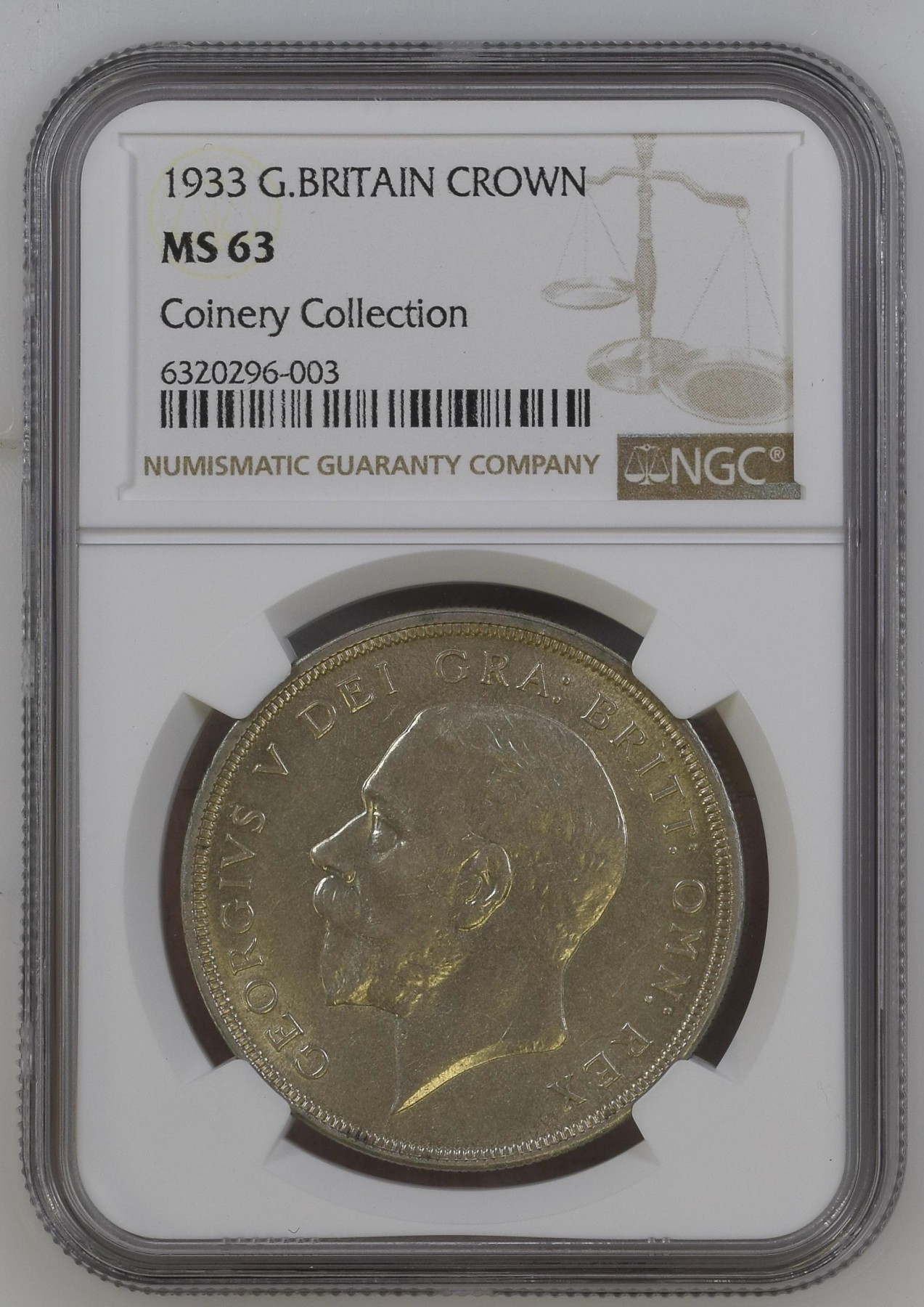 长老汇兔年精选第二场 1933英国乔治五世花冠1克朗大银币，NGC MS63分，名人旧藏
