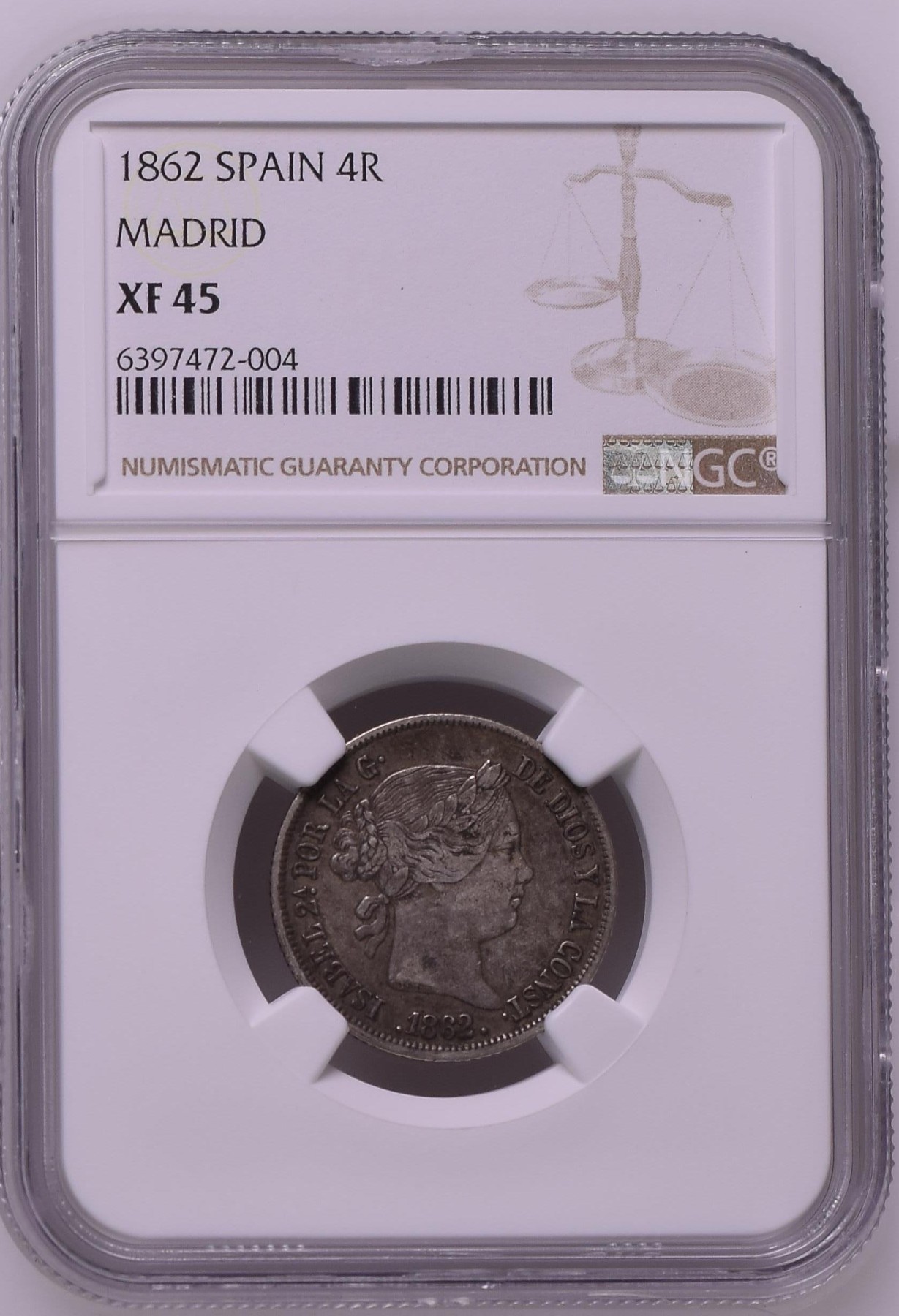 长老汇兔年精选第二场 1862 西班牙伊萨贝拉二世4R银币，NGC XF45，唯一季军分，更高分仅有三枚