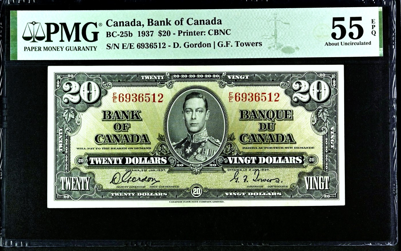 【Blue Auction】✨世界纸币精拍第432期——新年首拍 【无47 BC-25b】加拿大 1937年20元 乔治六世 PMG55EPQ 原票 丰收女神 雕刻精美