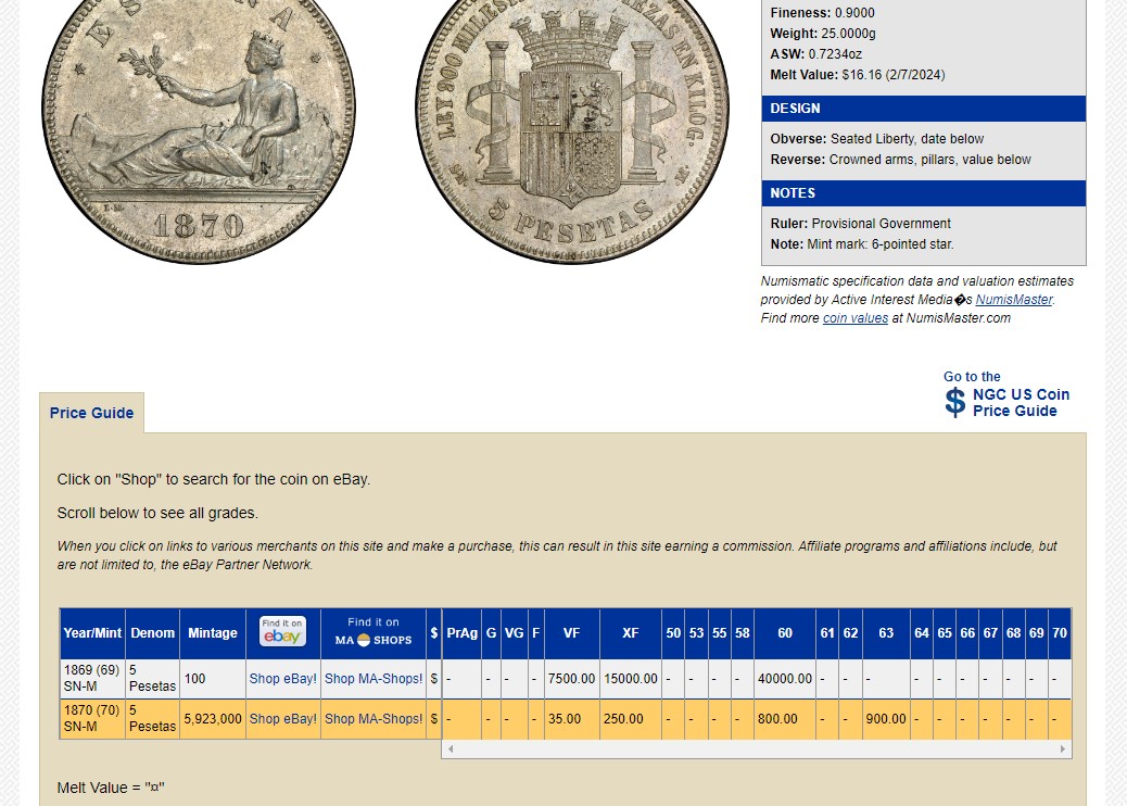 长老汇兔年精选第二场 1870(70) SNM 西班牙拿花5比塞塔大银币，NGC XF45分