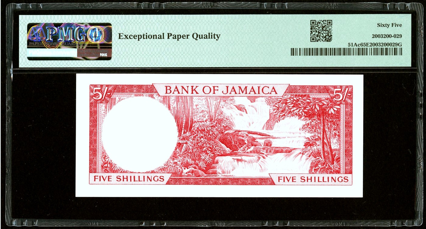 【Blue Auction】✨世界纸币精拍第432期——新年首拍 【p51Ac】牙买加 1960年5先令 女王 PMG65EPQ 背面瀑布唯美