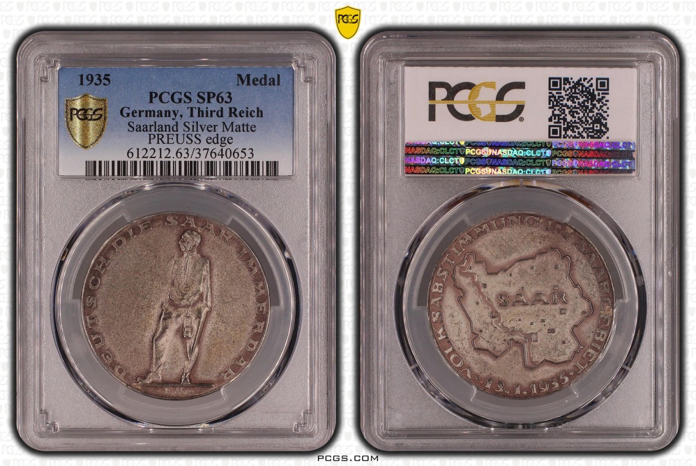 长老汇兔年精选第二场 1935 Medal Saarland Silver Matte PREUSS edge德国第三帝国吞并萨尔银章，PCGS SP63分，更高分仅有6枚，61分成交价1700多元