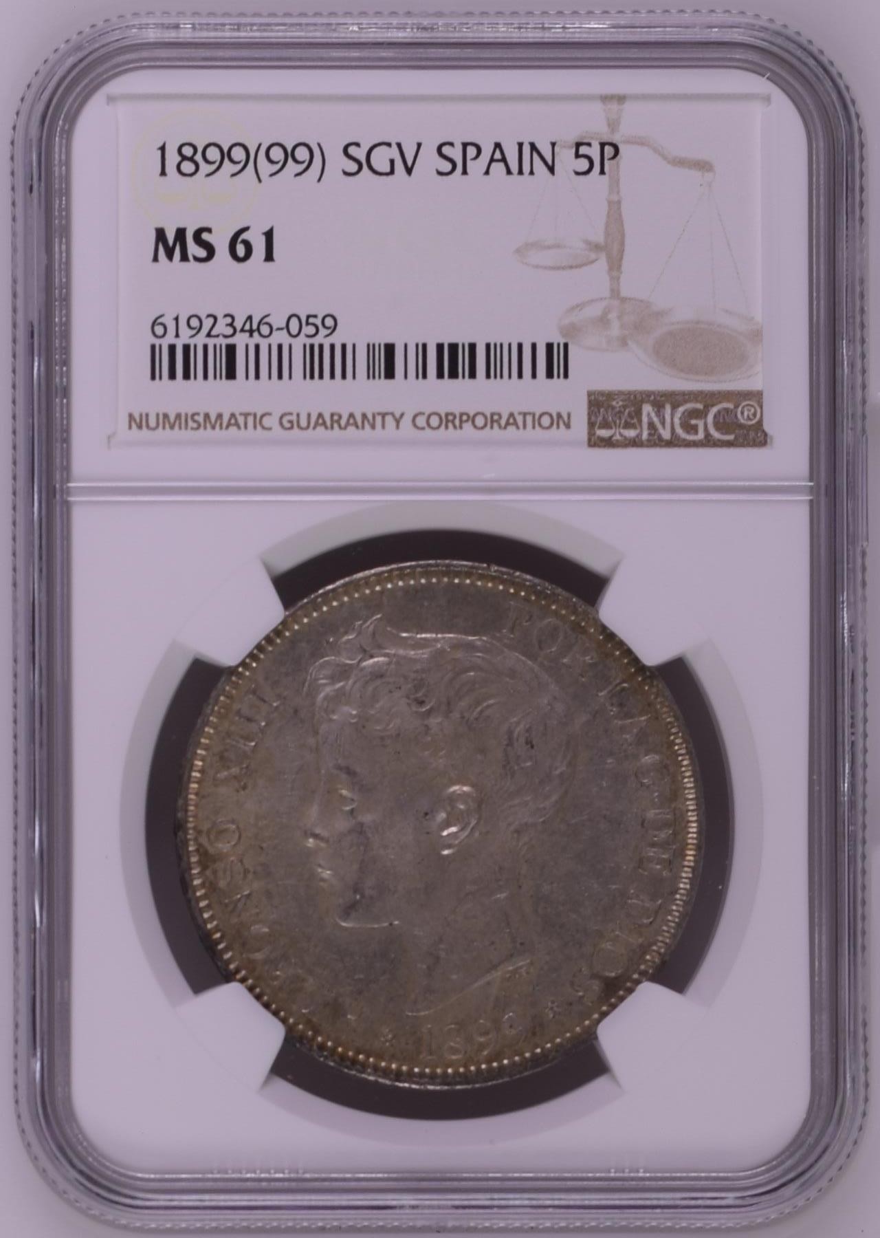 长老汇兔年精选第二场 1899(99) SGV 西班牙阿方索十三世5比塞塔大银币，NGC MS61分
