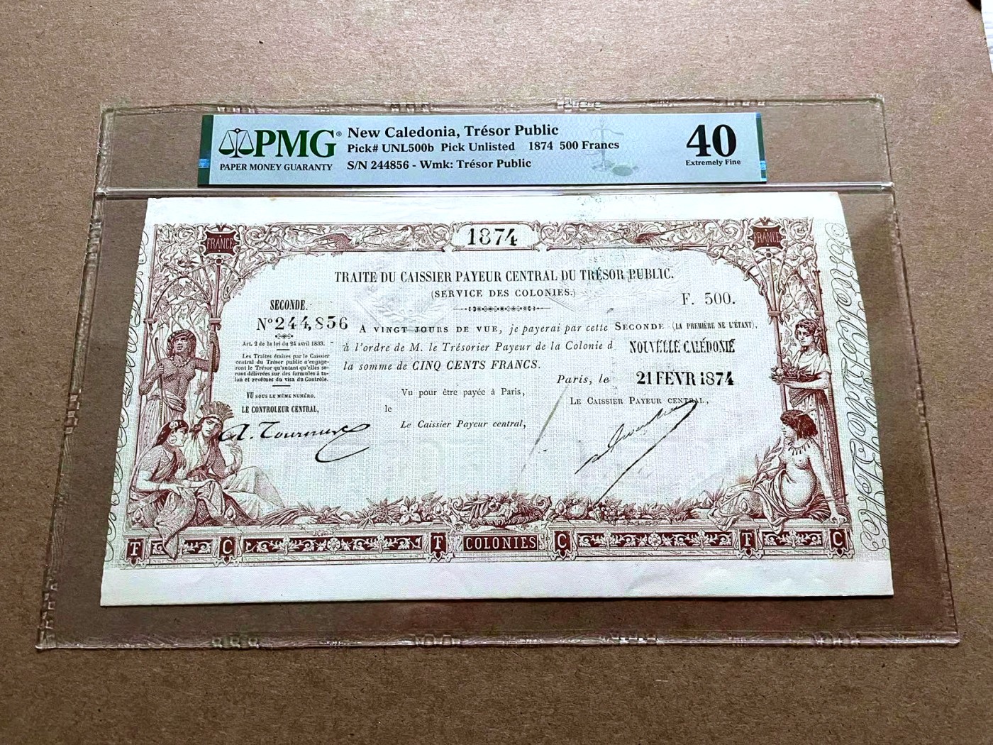 【Blue Auction】✨世界纸币精拍第432期——新年首拍 【唯一冠军分实钞 仅一个评级记录 百年风云】新喀里多尼亚 1874年500法郎 超大票幅 裸女 设计精美 钢戳水印防伪 背面手写 文物级别 非常罕见 PMG40