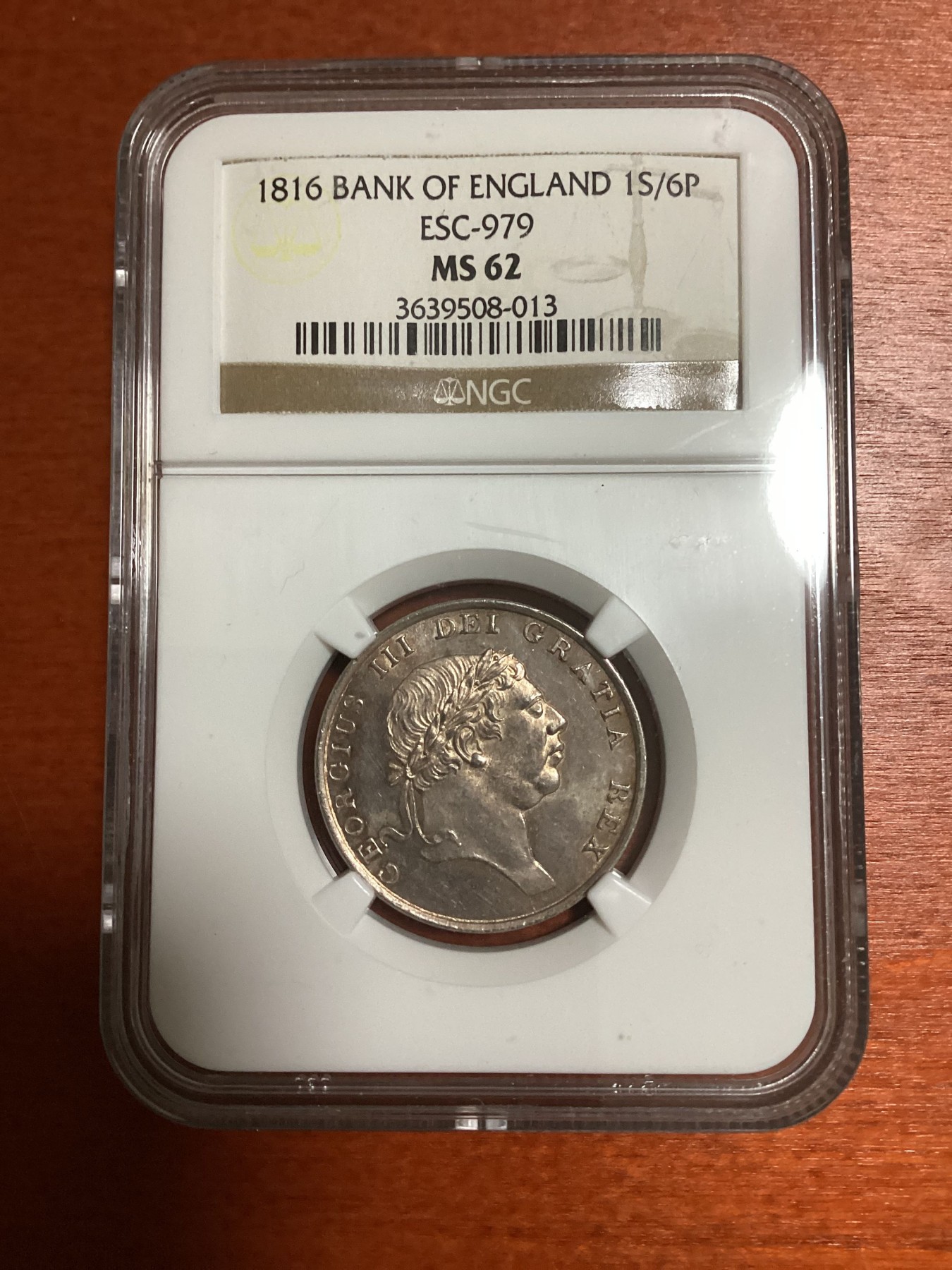 长老汇兔年精选第二场 1816 英国乔治三世英格兰银行1S/6P银币，NGC MS62分