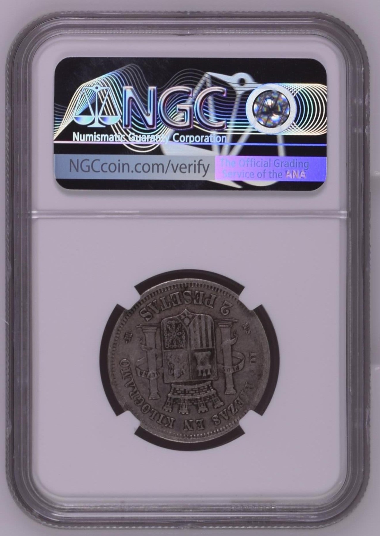 长老汇兔年精选第二场 1870(70) SNM 西班牙拿花2比塞塔银币，NGC XF45分，第四名，更高分仅有三枚