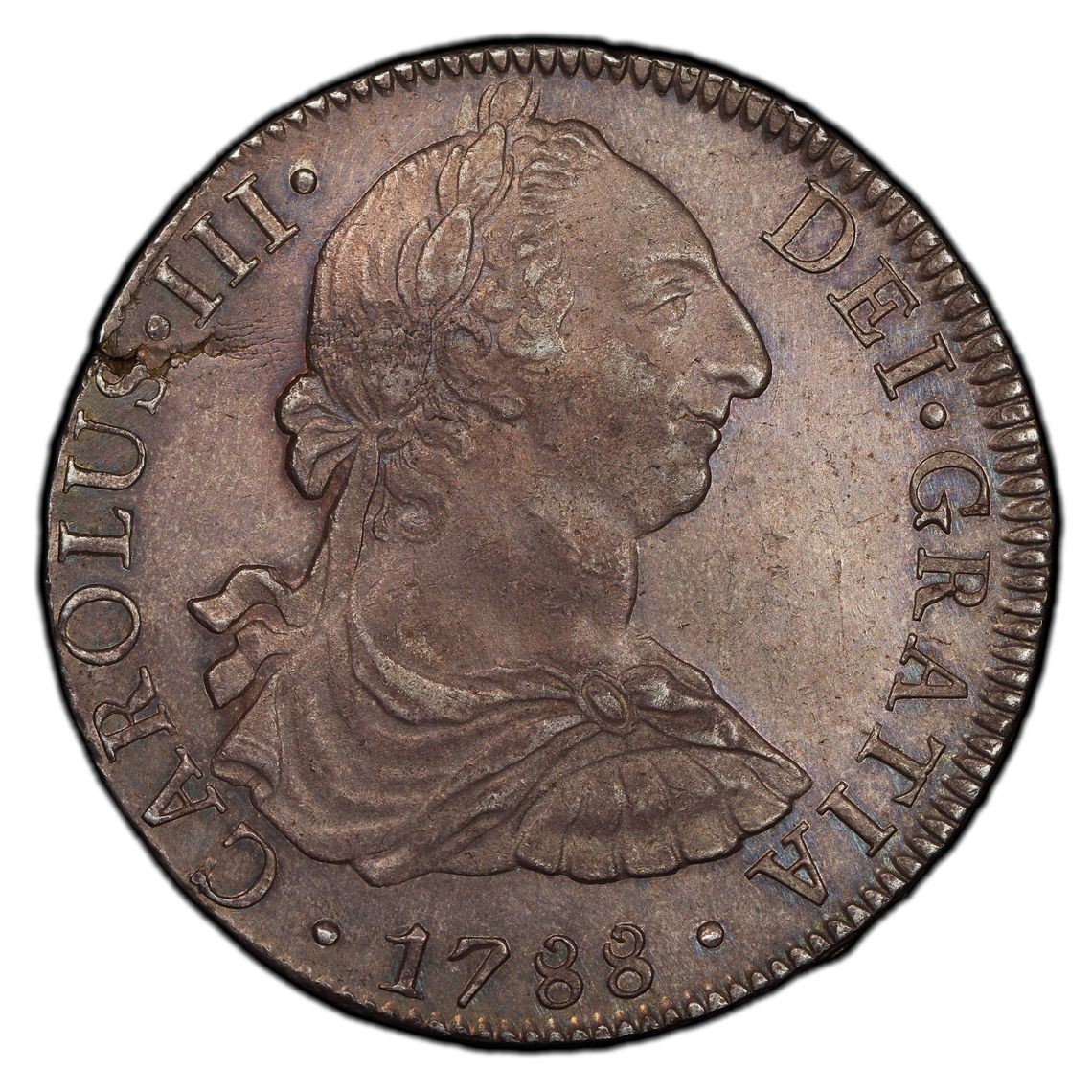 长老汇兔年精选第二场 1788-Mo FM 墨西哥卡三8R大银币，PCGS MS62分，亚军分，更高分仅有一枚，裂痕是币胚上的
